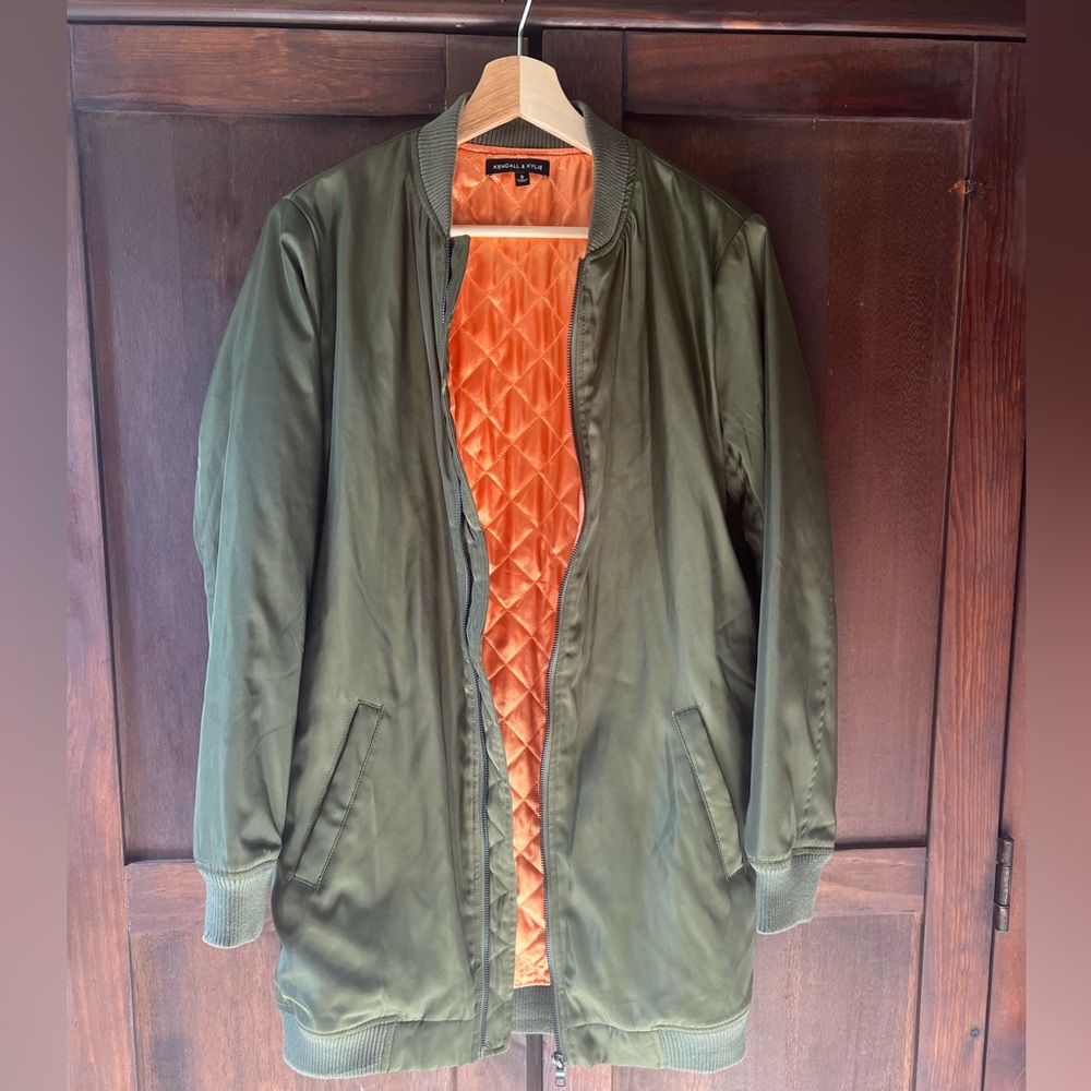 Kendall & Kyle Long Bomber Jacket Olive Green & Orange Womens Size s